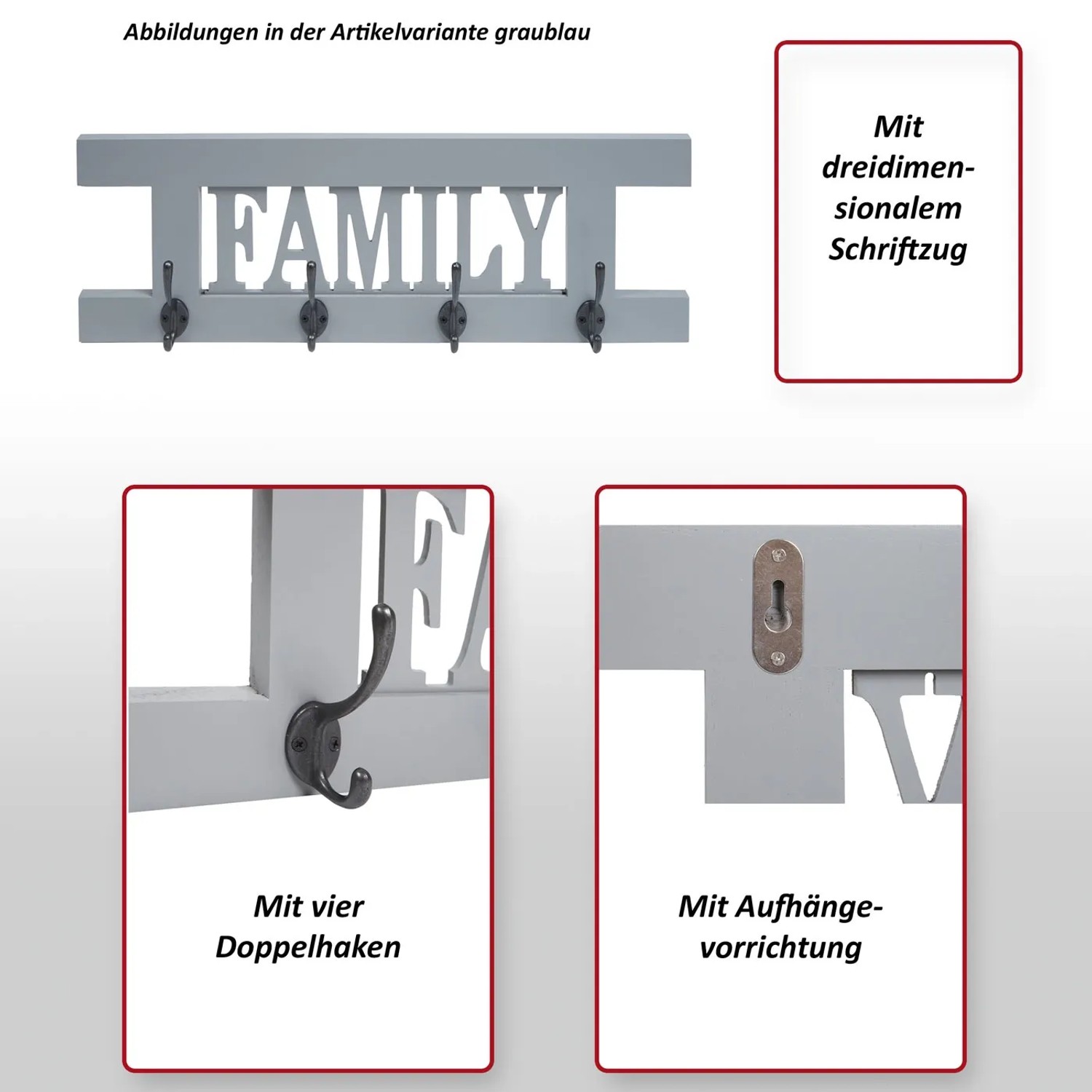 Weiße Wandgarderobe im Shabby-Look mit 4 Doppelhaken und "Family" Schriftzug.