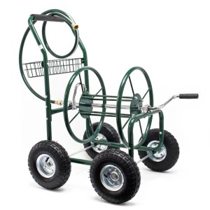 Grüner Wiltec Gartenschlauchwagen mit 4 Luftreifen, Schlauchtrommel, Handkurbel und Ablagekorb.