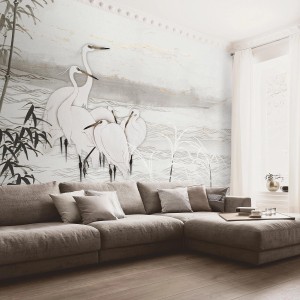 Bricoflor Fototapete mit Kranichen in Weiß und Gold. Asiatische Vliestapete für Wohn- und Schlafzimmer.