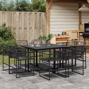 Schwarze 9-tlg. Garten-Essgruppe aus Polyrattan mit Tisch und 8 Stühlen für den Garten.