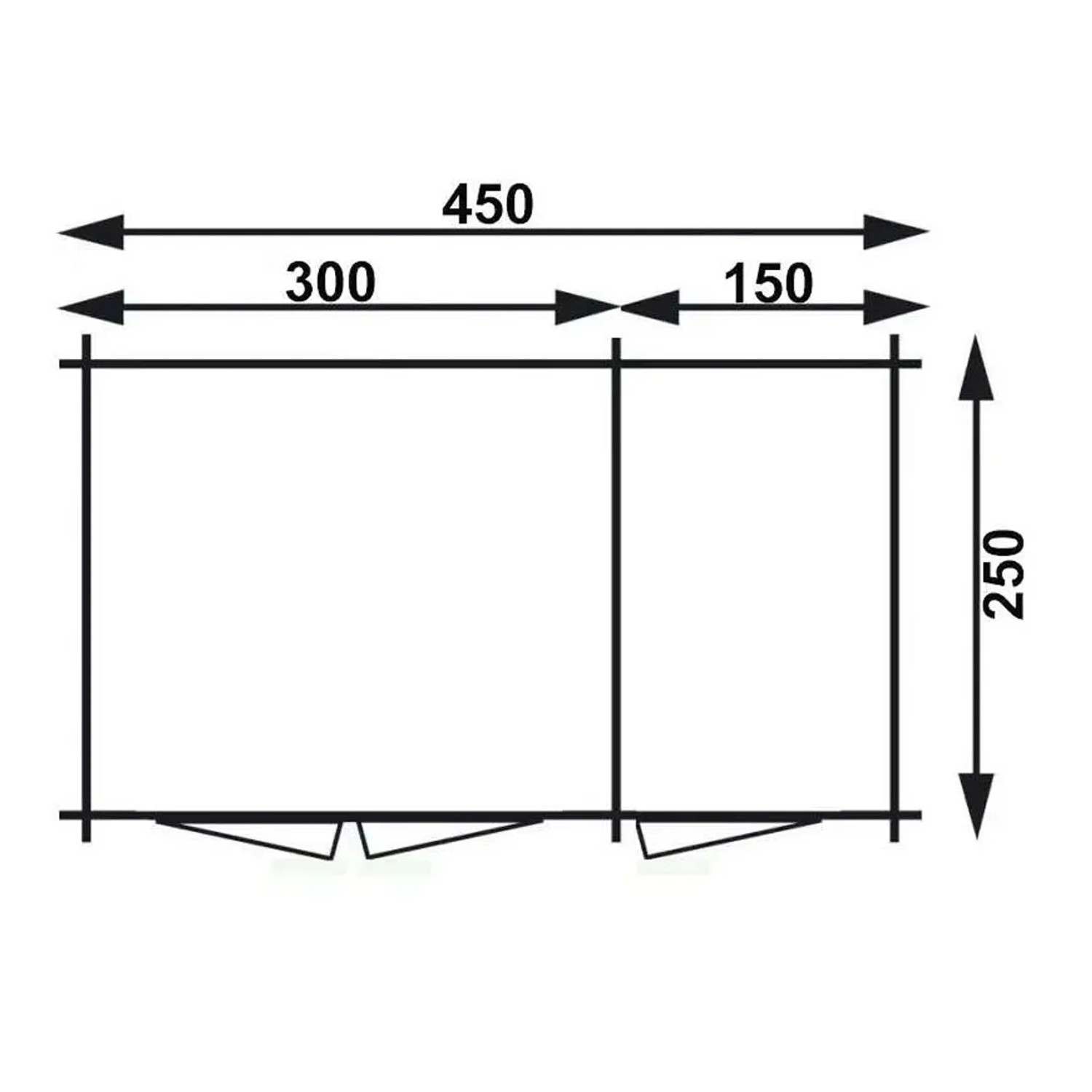 Skizze Alpholz Gartenhaus Maria mit Pultdach, Maße 450x279 cm, zur Veranschaulichung der Abmessungen.
