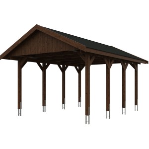 Satteldach-Carport Wallgau in Nussbaum mit schwarzen Dachschindeln, Holzkonstruktion mit acht Pfosten.