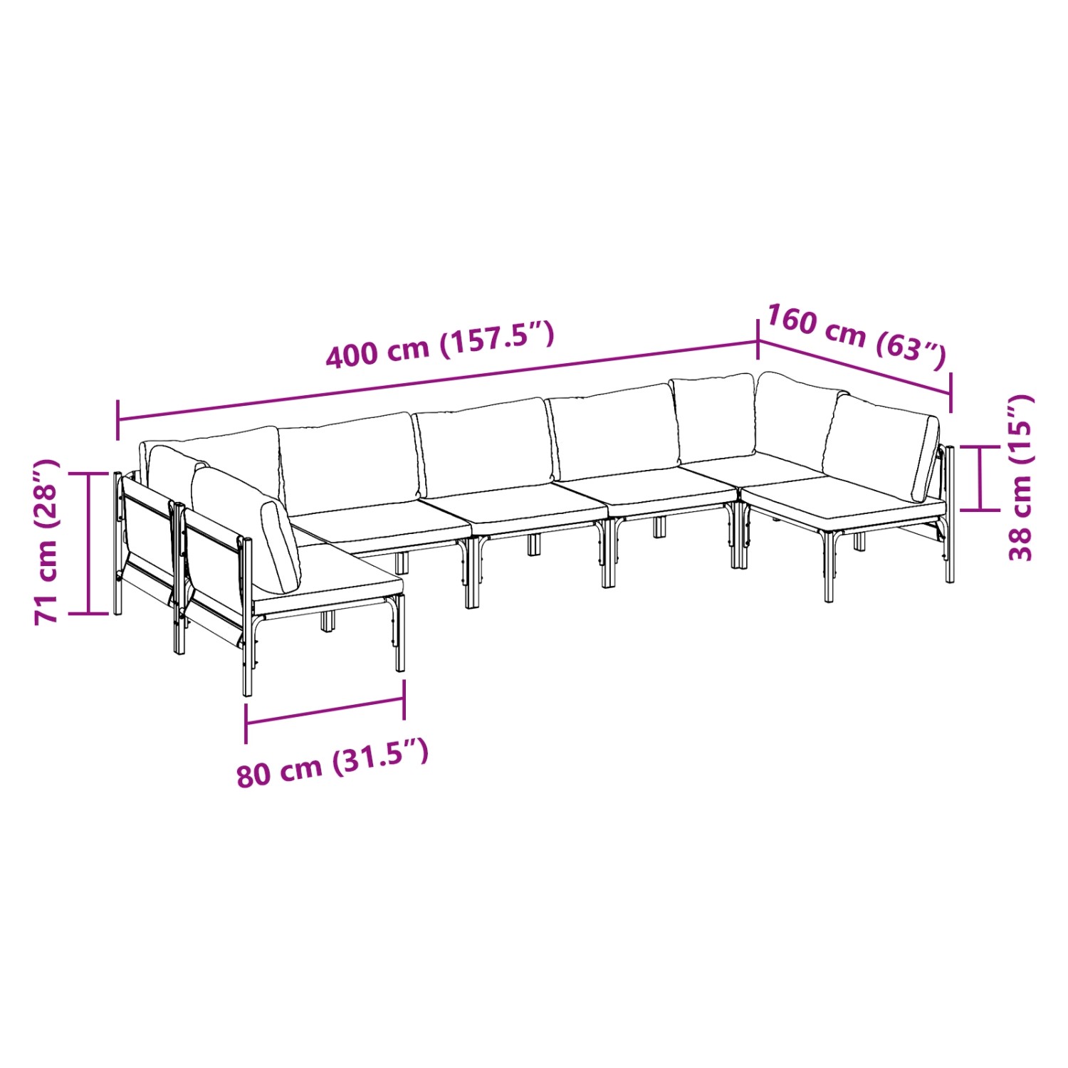 vidaXL Garten-Sofa-Set, 7-teilig, anthrazitfarben, Stahl, mit Maßangaben.