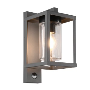 Moderne Trio Außenwandleuchte Lunga in Anthrazit mit Bewegungsmelder und klarem Glas.