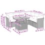 Beige 7-tlg. Garten-Sofagarnitur aus Polyrattan mit Kissen und Tisch mit verstellbarer Platte.