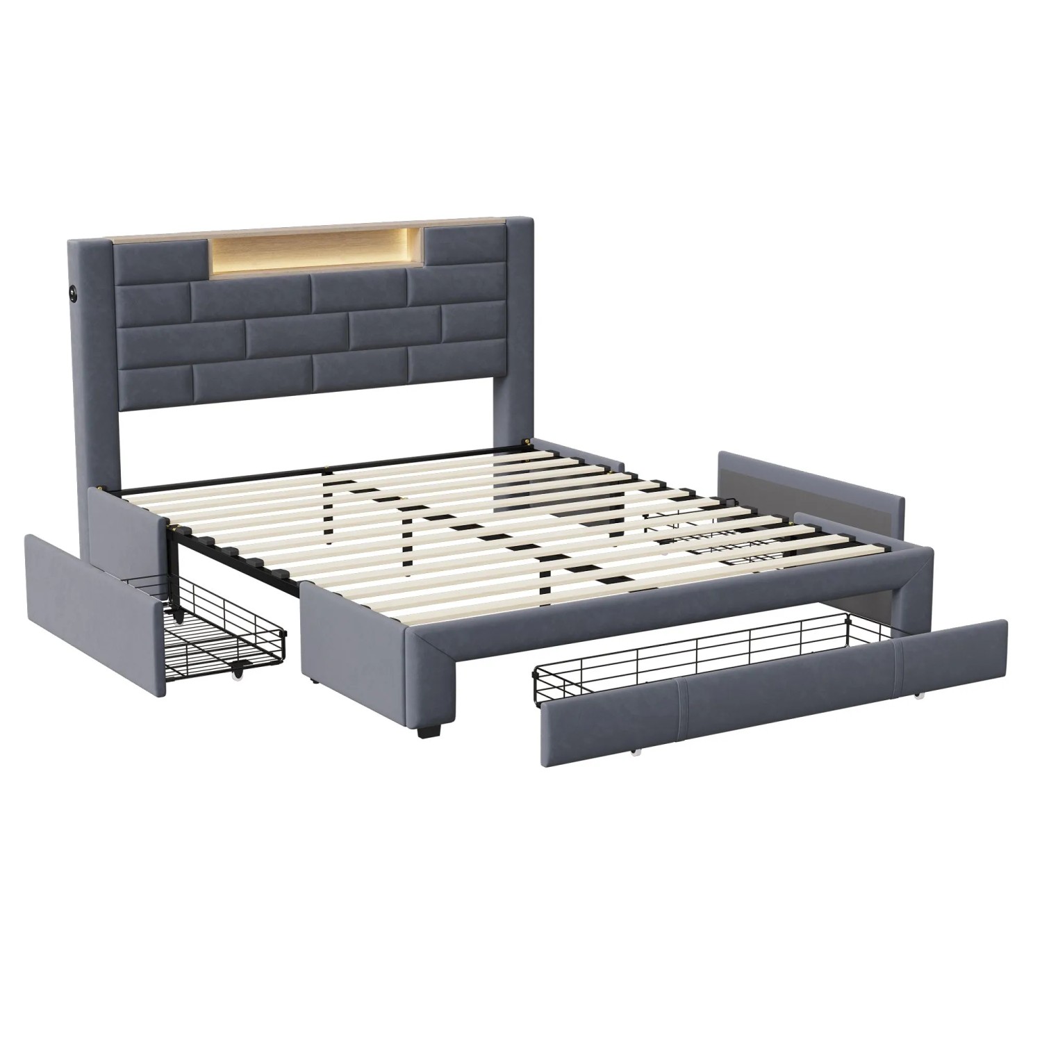 PXloue Doppelbett 160x200cm mit 3 Schubladen und LED&Ladefunktion Samt Grau günstig online kaufen