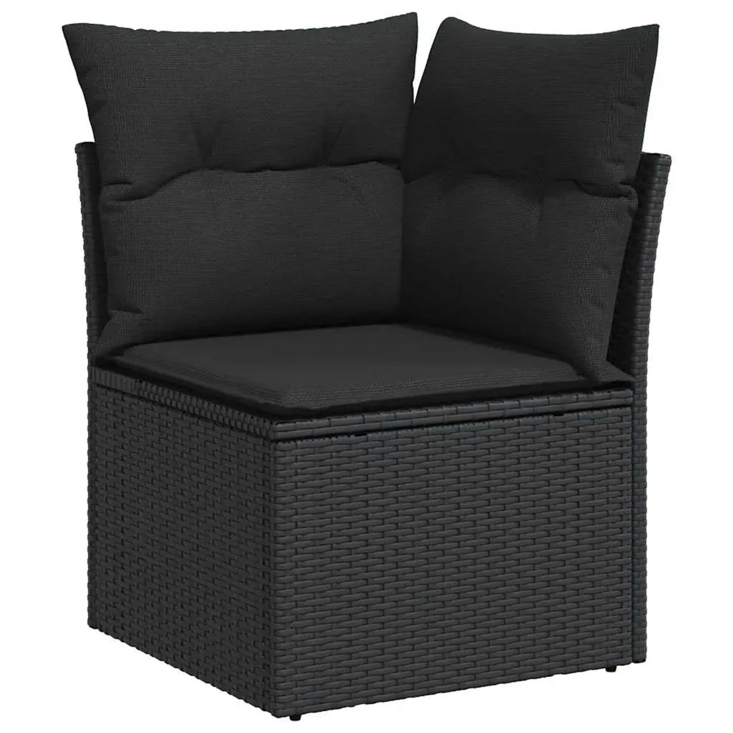Schwarzes vidaXL Garten-Ecksofa aus Polyrattan mit Kissen, Teil einer Sofagarnitur.