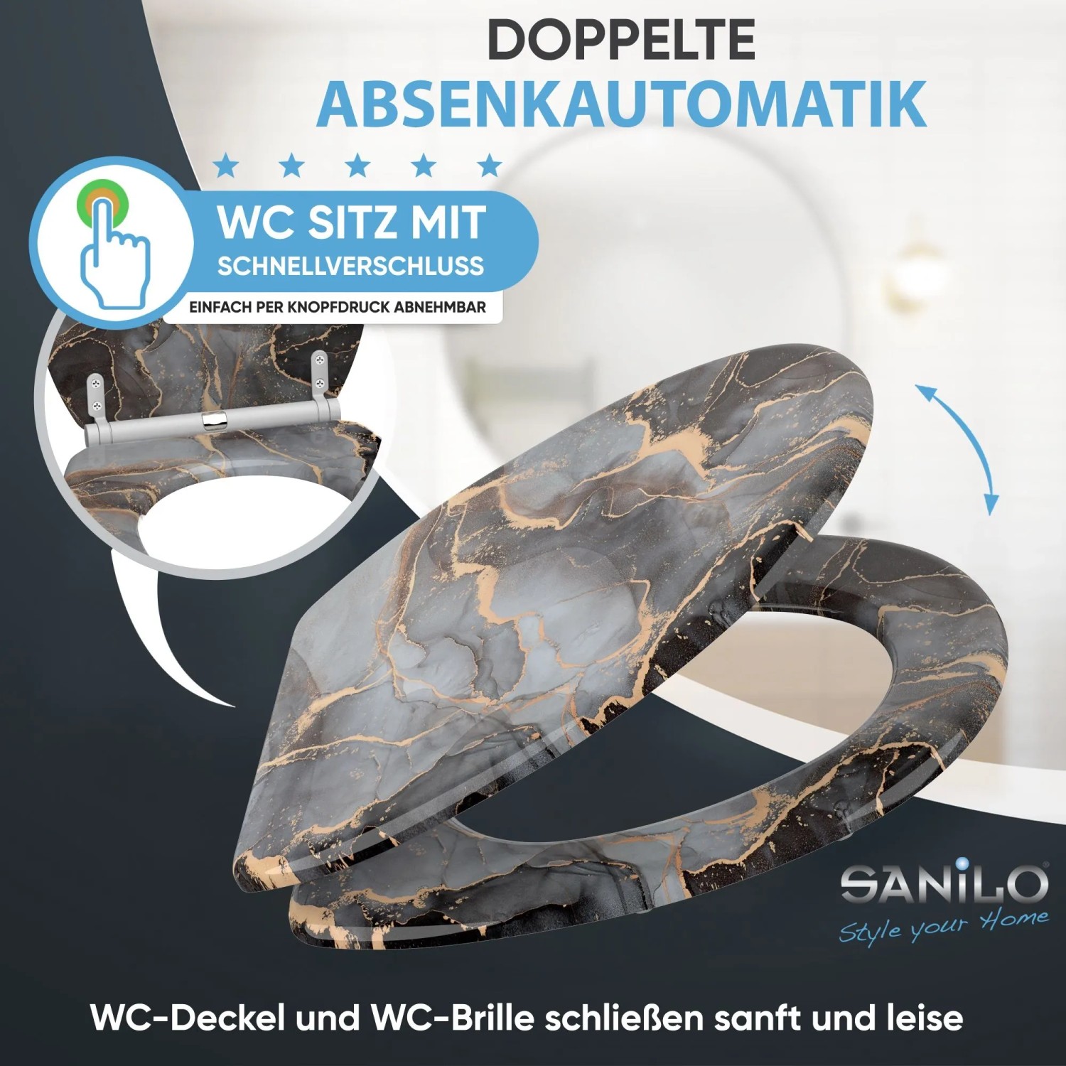 Sanilo WC-Sitz Marmor Abstrakt mit Absenkautomatik aus Holz.