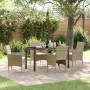 Beige 5-tlg. Garten Essgruppe aus Poly Rattan mit Tisch und Stühlen mit Kissen für den Garten.