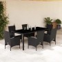 Schwarze 7-tlg. Garten Essgruppe aus Polyrattan mit Glasplatte und cremeweißen Kissen.
