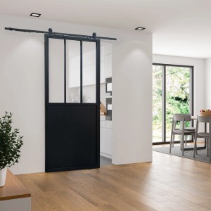Schwarze inova Loft Glasschiebetür mit 3 Feldern und Klarglas im Komplettset.