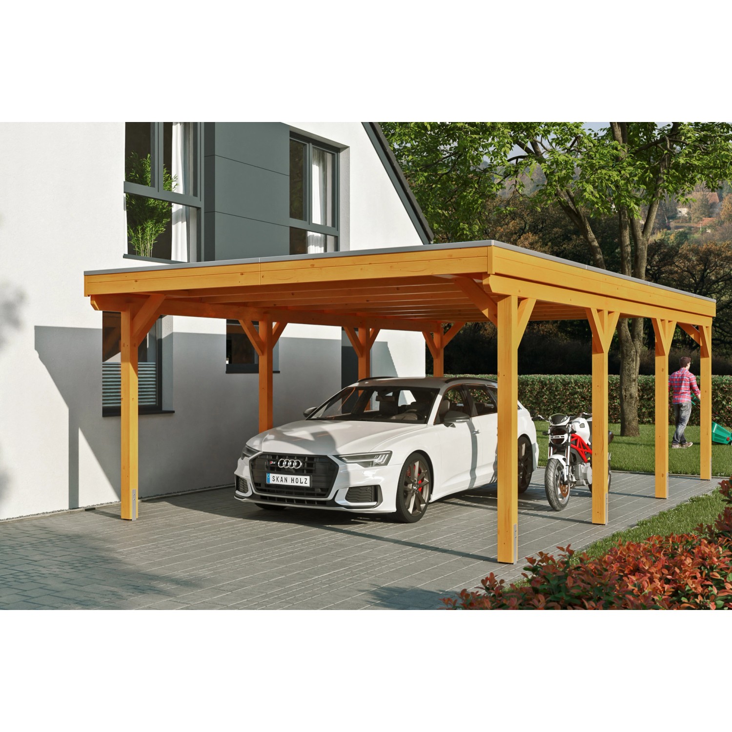 Skan Holz Carport Grunewald 427 cm x 796 cm mit Aluminiumdach Eiche Hell