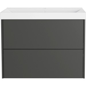 Graphitfarbener Waschtischunterschrank mit zwei Schubladen und weißem Waschbecken. Modernes Badmöbel-Set zur Wandmontage.