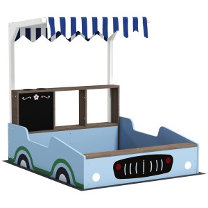 AIYAPLAY Sandkasten mit Abdeckung im Auto-Design, blau-weiß, mit Sitzbänken und Tafel.