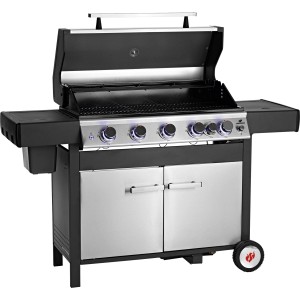 Landmann Gasgrillwagen GG-IV-510SSDE, schwarz-edelstahl, mit 5 Brennern und großer Grillfläche.