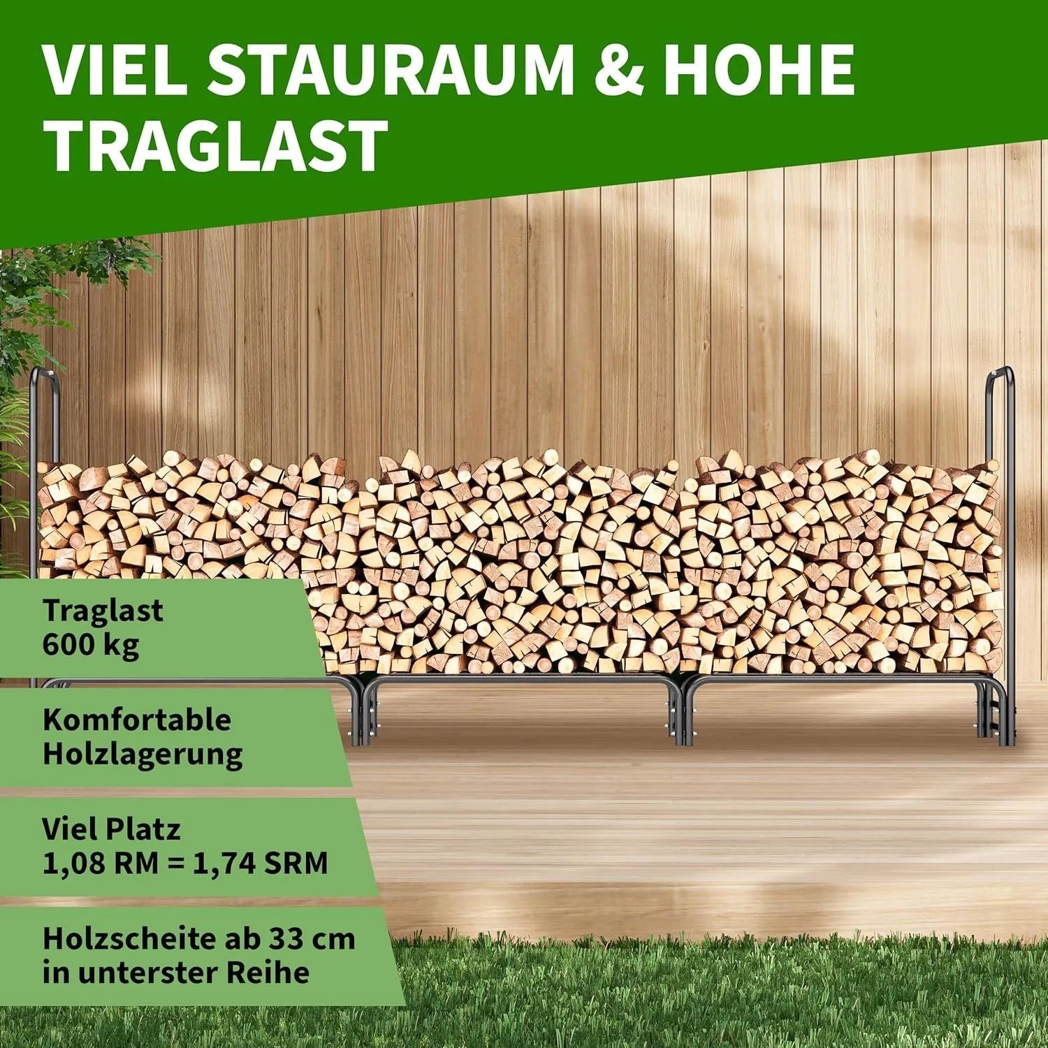 Großes Kaminholzregal von TTL GARDEN (300x116x36 cm) mit Holz und Abdeckplane. Ideal für Kaminholz und Brennholz.