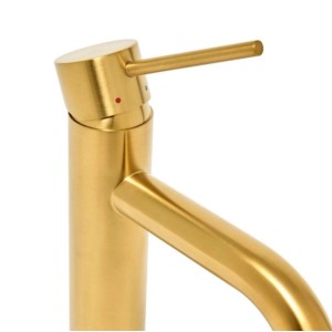 Goldene Waschtischbatterie, gebürsteter Edelstahl-Einhebelmischer mit rundem Design und Hebel. Ideal für Bad & Küche.