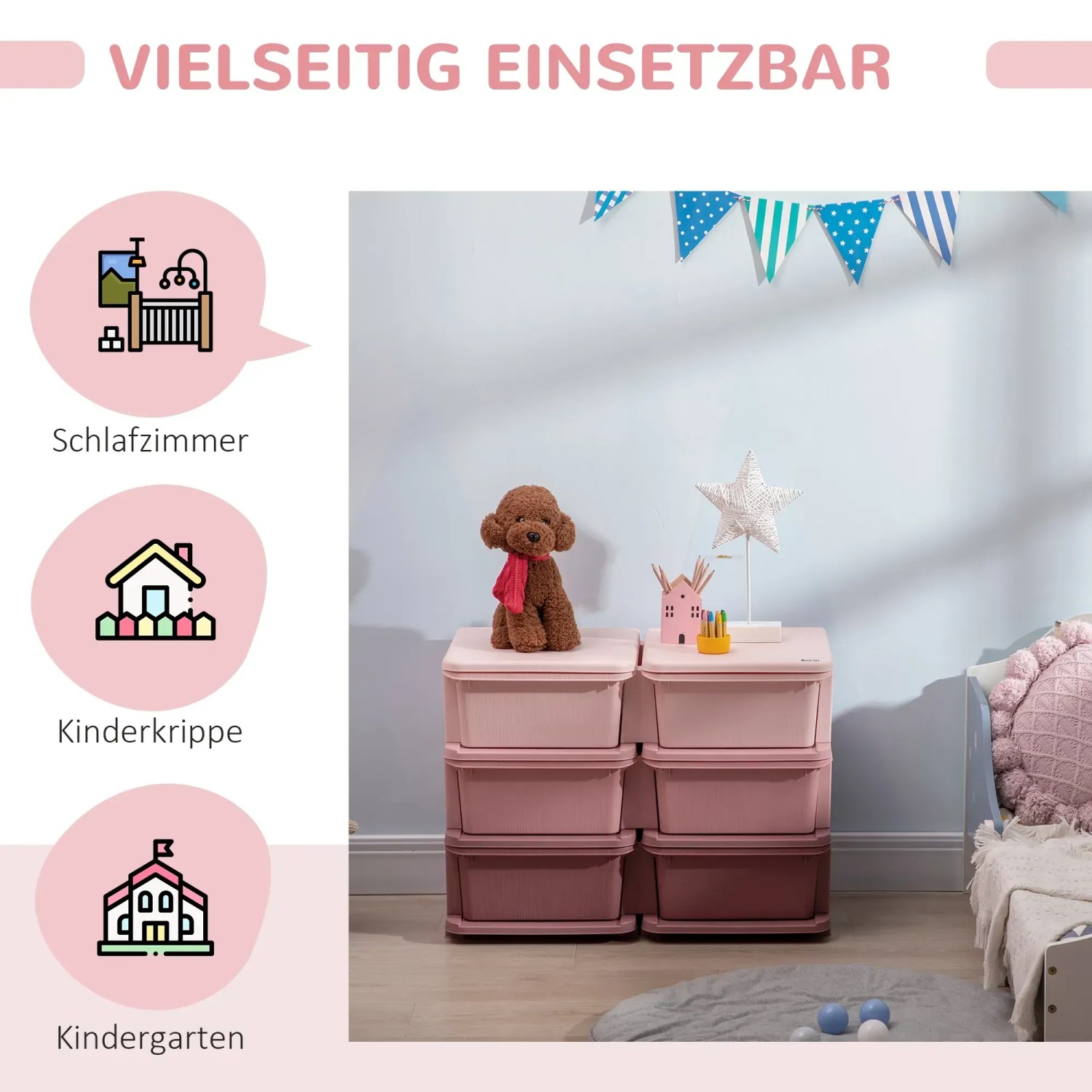 Rosa HOMCOM Aufbewahrungsbox mit Schubladen im Kinderzimmer.