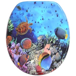 Sanilo WC-Sitz Ocean mit Absenkautomatik, Holz, mit Unterwasserwelt-Motiv.