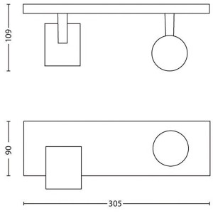 Philips Spot 1er Runner Aluminium, Maße der Leuchte als Strichzeichnung.