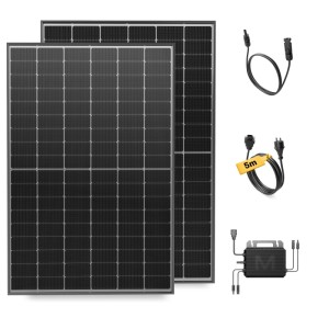 Solakon Balkonkraftwerk Komplettset: 2 schwarze Solarmodule, Wechselrichter, 5m Anschlusskabel.