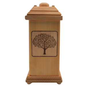 Holz Tierurne mit Lebensbaum Motiv, Aschebox für Kleintiere, 12x12x30 cm.