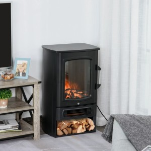 Schwarzer HOMCOM Elektrokamin mit realistischem Flammeneffekt, Holzscheiten und praktischem Ablagefach, im Wohnzimmer.