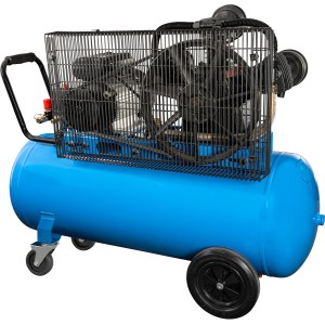 Blauer Güde Kompressor 551/10/100 mit 100-Liter-Tank und Rädern.