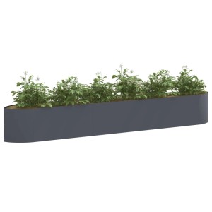 Langes, anthrazitfarbenes Stahl-Hochbeet mit grünen Pflanzen, ideal für Garten und Gemüseanbau.