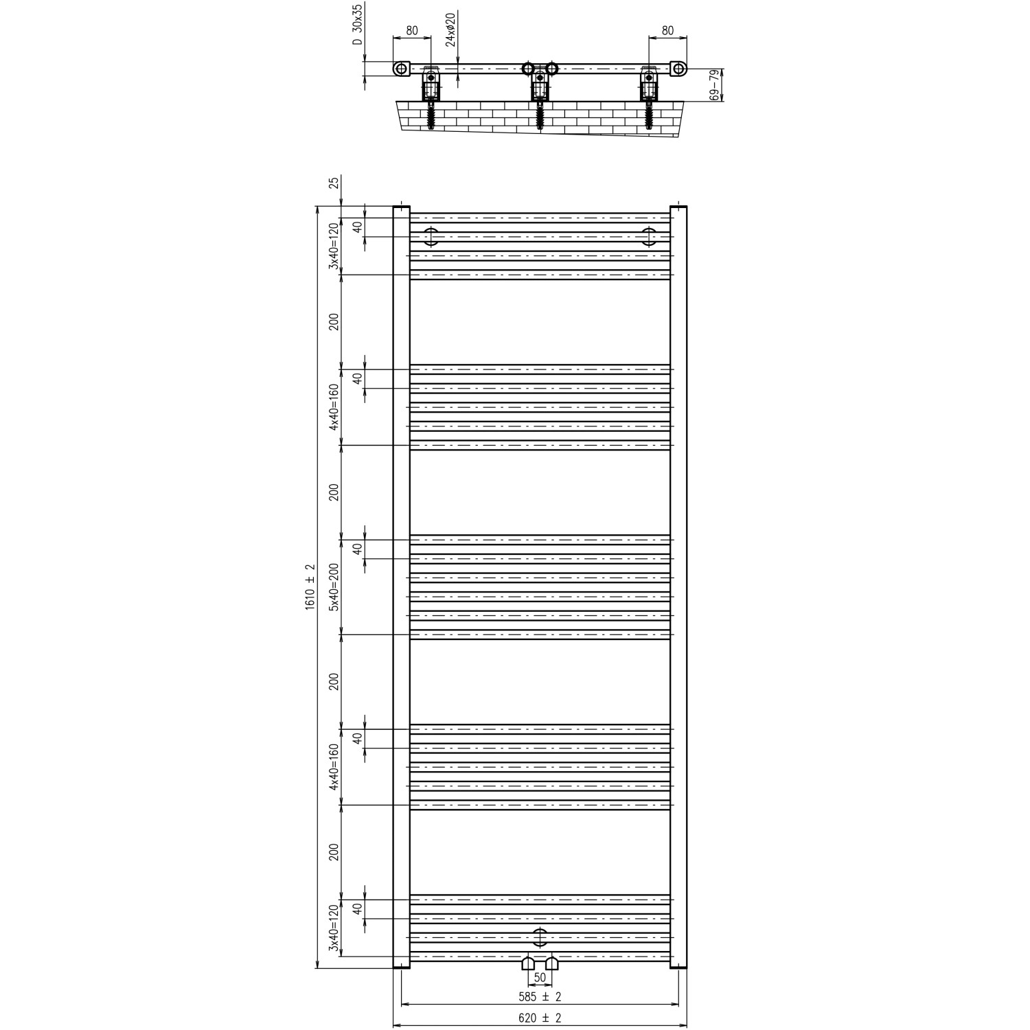 Technische Zeichnung: Schulte Design-Heizkörper, gerade, Alpinweiß, mit Mittenanschluss und Maßangaben.