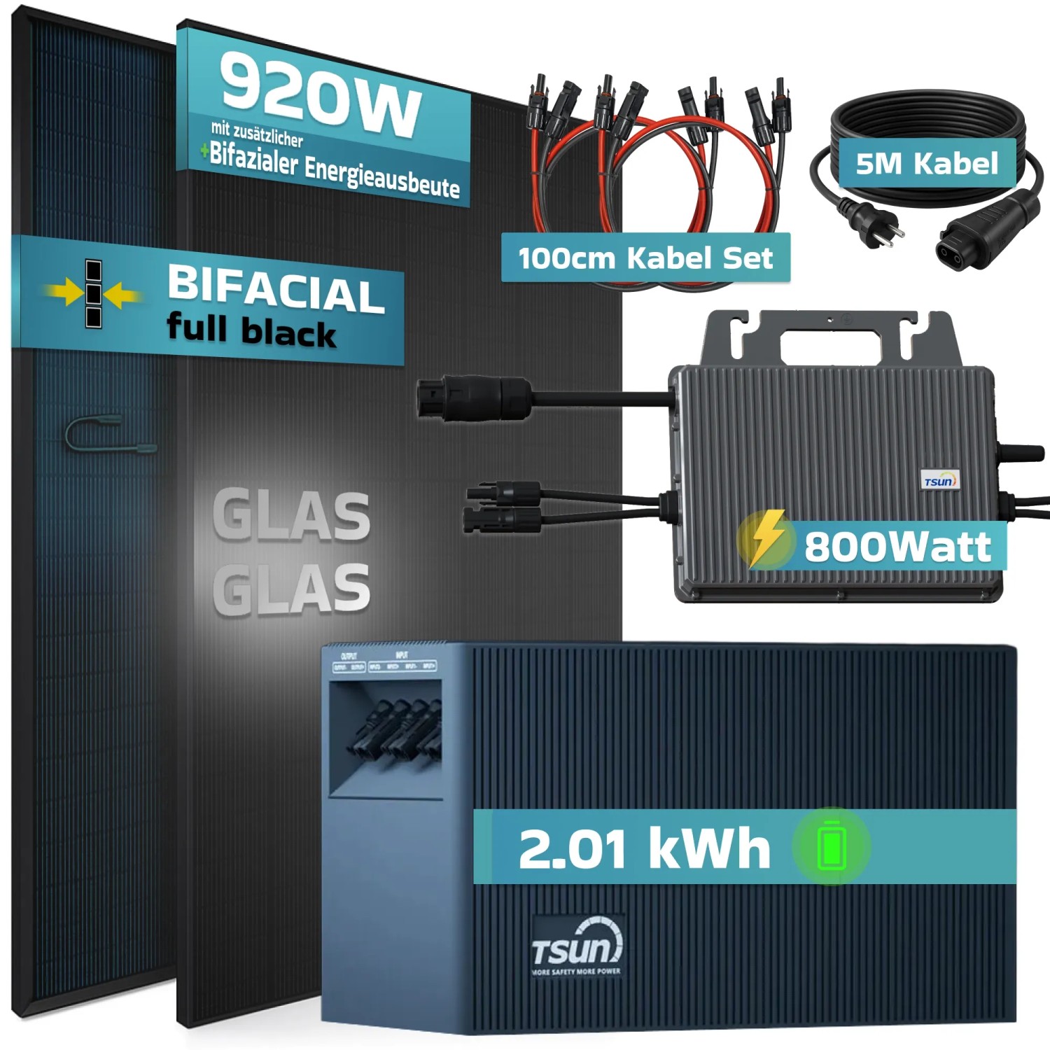 SUNNIVA Balkonkraftwerk 920W mit Solarspeicher, Wechselrichter und bifazialen Glas-Glas Solarmodulen.