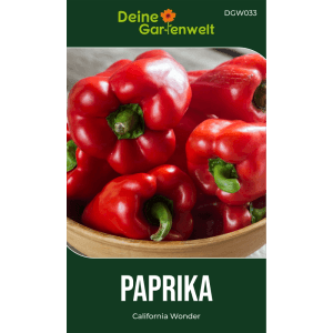 Leuchtend rote, blockige Paprika 'California Wonder' in einer Holzschale. Samen für den Anbau von Fruchtgemüse.