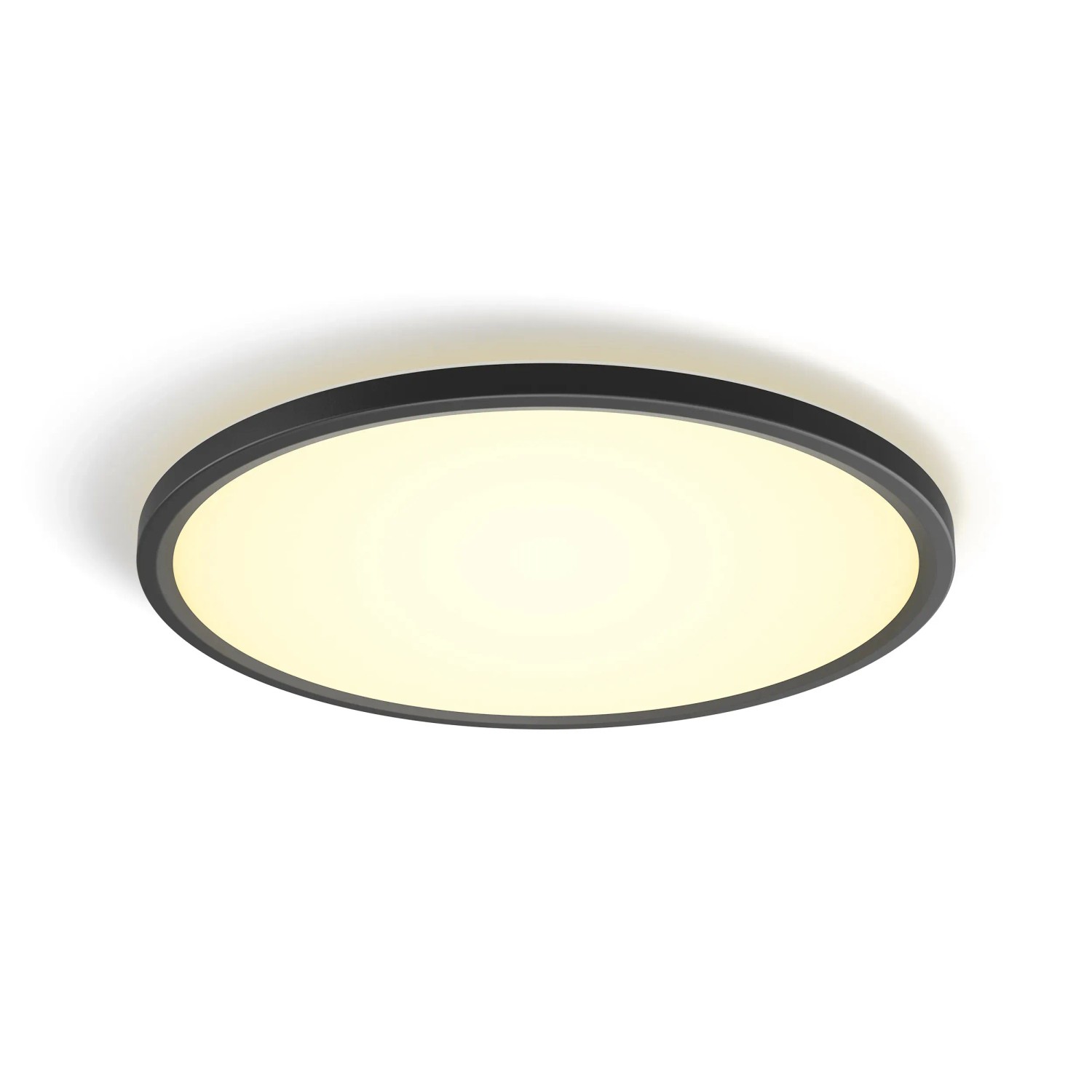 Schwarzes Philips Hue LED-Panel Tento White Ambiance, runde Deckenleuchte mit warmweissem Licht.