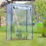 Transparentes Tomatengewächshaus mit grünem Stahlrahmen auf Rasen. Schützt Jungpflanzen, ideal für Anzucht.