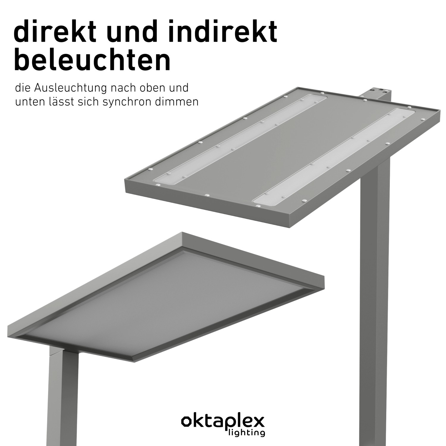 Silberne Oktaplex LED Stehlampe Malmö mit direkter und indirekter Beleuchtung.