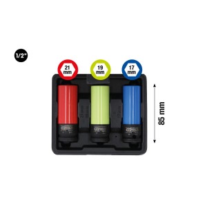KS TOOLS 1/2 Zoll Alu Felgen Kraft Stecknuss Satz, 3-tlg. Rot, gelb, blau, 17-21mm, im Koffer für Radmontage.