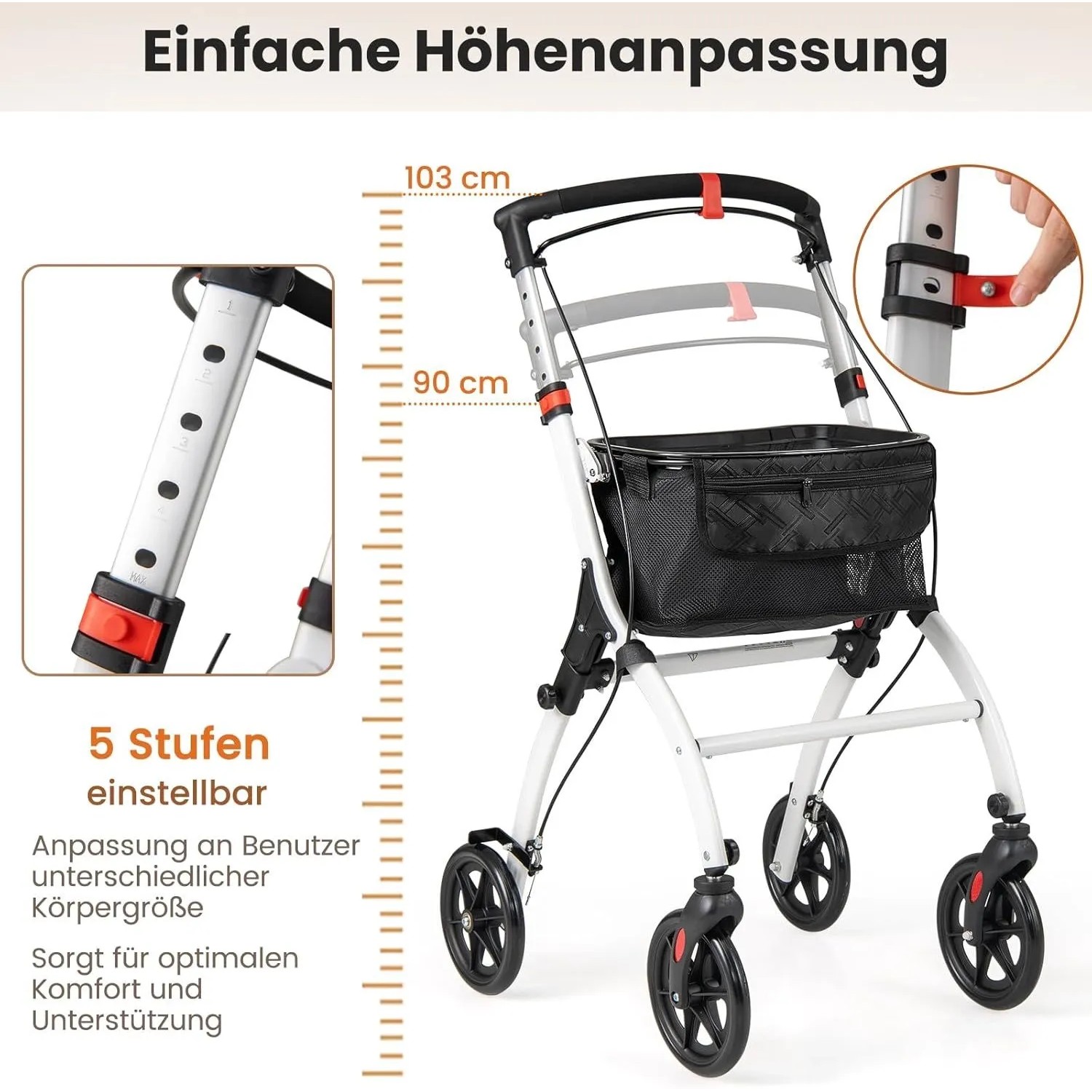 Costway Rollator, schmal, weiß/schwarz, mit Korb und 5-fach Höhenverstellung.