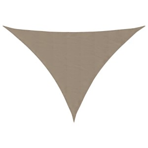 Dreieckiges Sonnensegel in Taupe aus PU-beschichtetem Oxford-Gewebe. Wasserfest und UV-beständig für Garten, Terrasse.