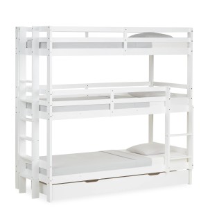 Weißes Homestyle4u Etagenbett mit drei Liegeflächen, Matratzen und Bettkasten.