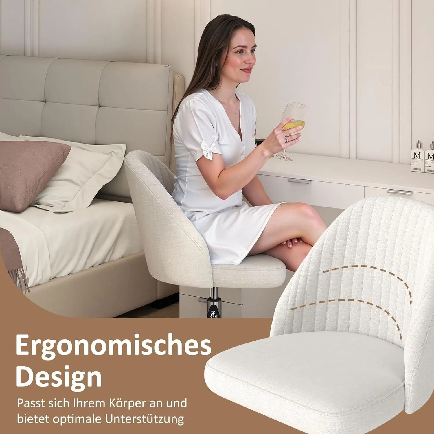 Costway Bürostuhl Armlos Drehstuhl Höheverstellbar Beige_4