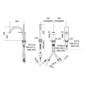 Technische Zeichnung: pianura Wannenrand-Einhebelmischer Giulia, inkl. Brausegarnitur, Maße und Anschlüsse.