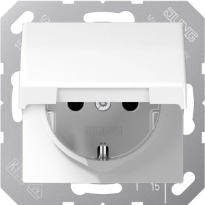 Jung Steckdose AS500 Alpinweiß mit Klappdeckel und erhöhtem Berührungsschutz.