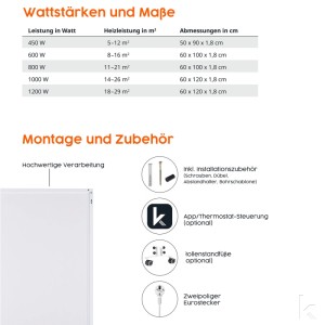 Könighaus Infrarotheizung 1200W: Details zu Leistung, Maßen und Zubehör der Elektroheizung.
