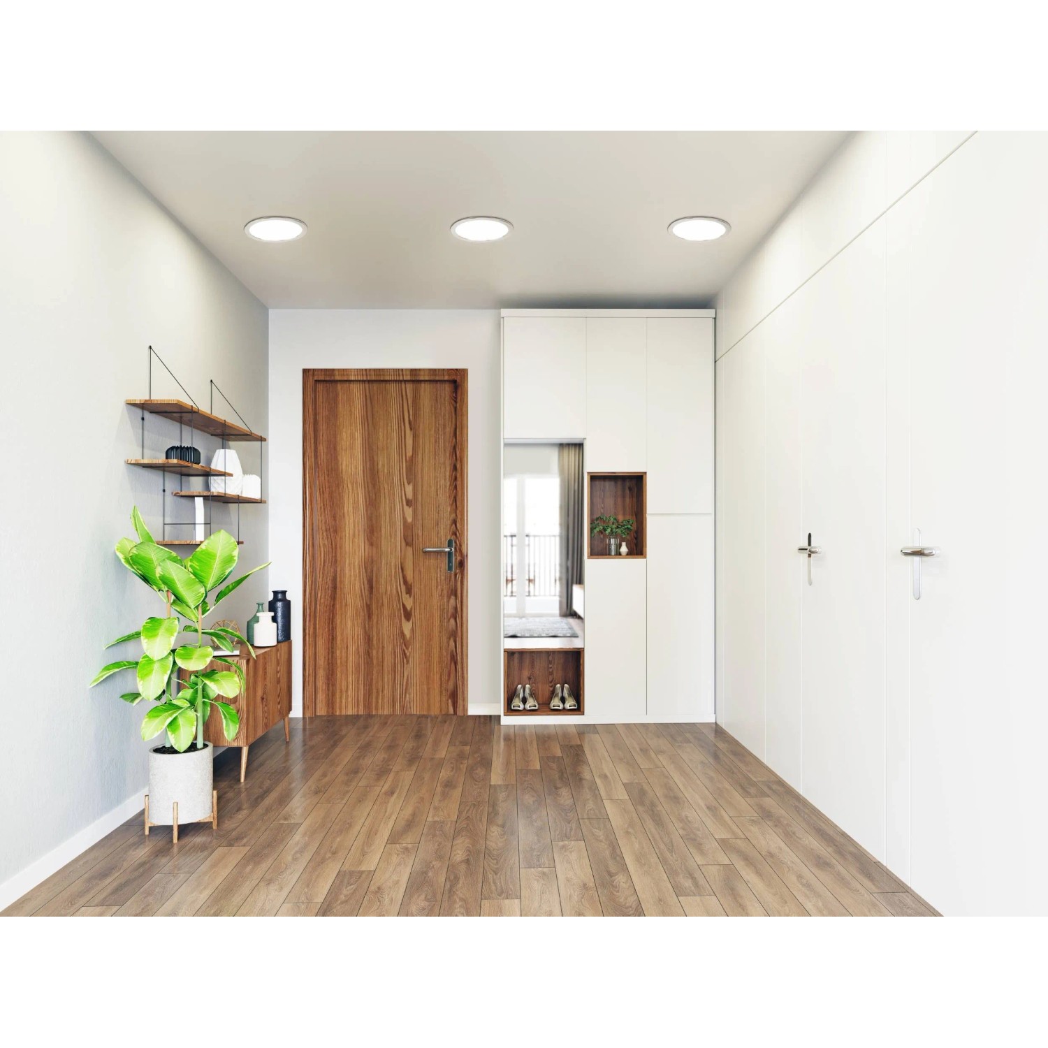 Eingebauter, smarter LED-Spot Fueva-Z von Eglo, nickelfarben matt, in modernem Flur.