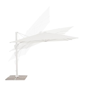 Weißer Bizzotto Ampelschirm Vega 300x400 cm mit verschiedenen Neigungswinkeln.