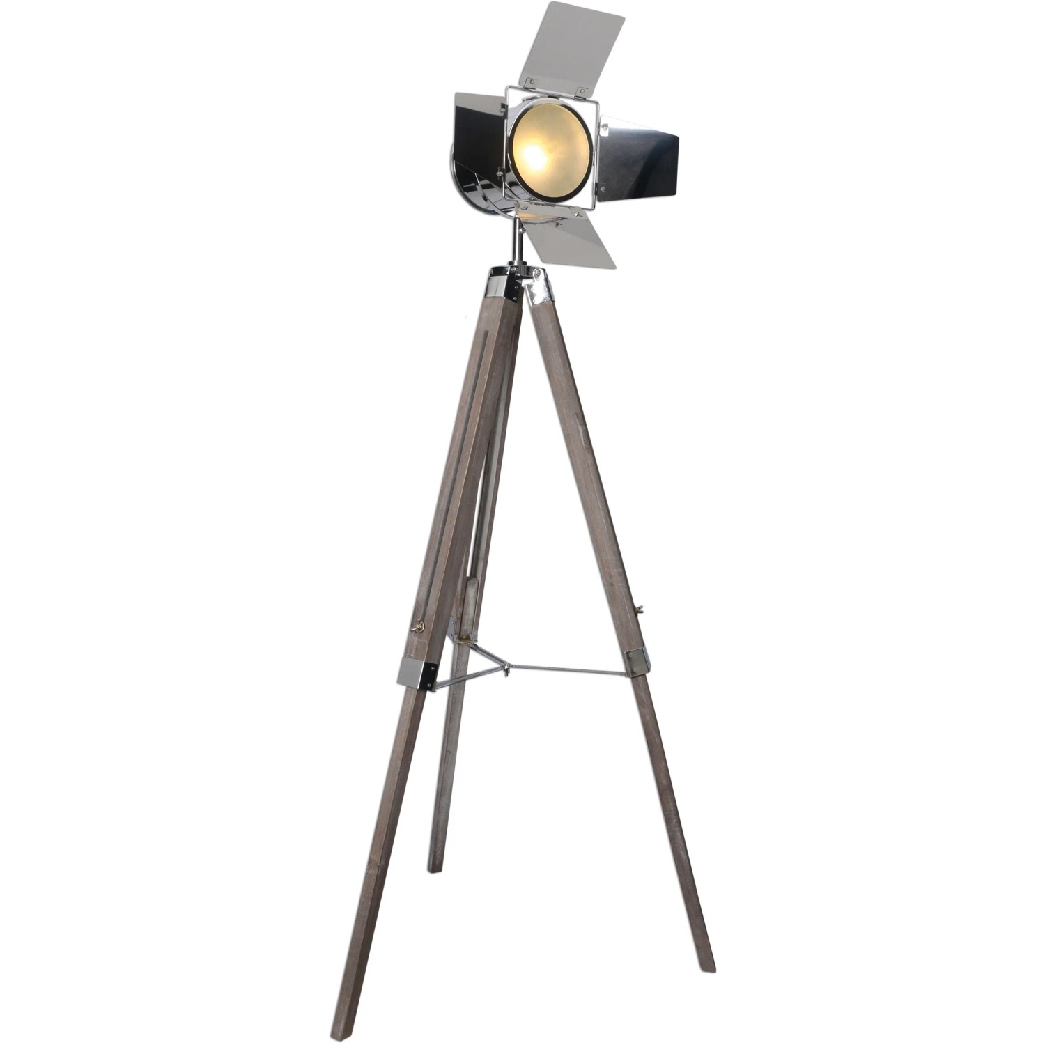Näve Stehleuchte Holly: Dreibein-Designlampe aus Holz in Natur dunkel mit silbernem Lampenschirm.