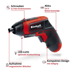 Einhell Akkuschrauber TE-SD 3,6/1 Li mit Akku, rot/schwarz, mit LED-Licht und magnetischem Bithalter.