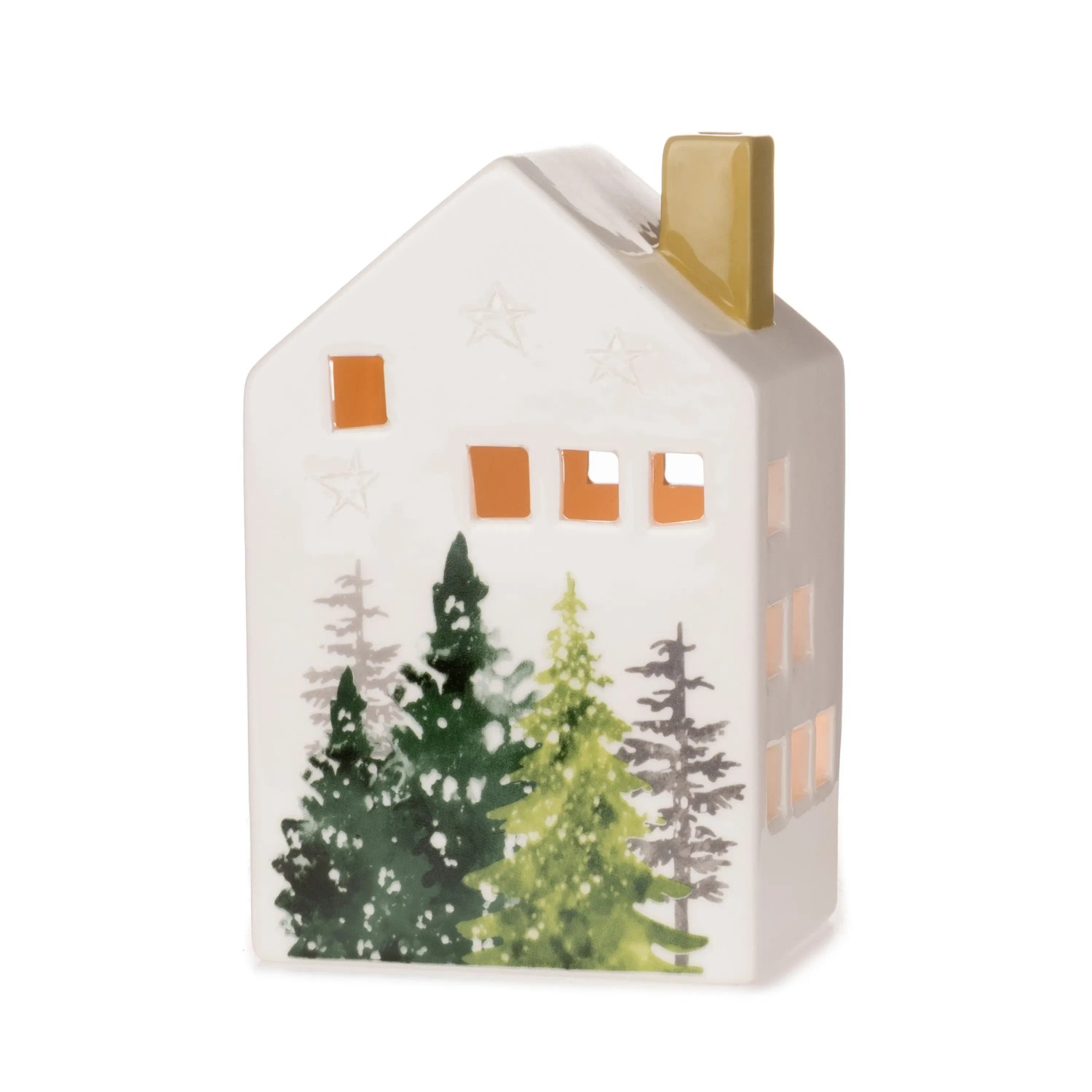 Weihnachtliches Windlicht Haus, 14,5 cm, weiß mit Tannenbaum-Motiv, für Teelichter.