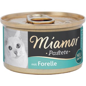 Miamor Katzen-Nassfutter Pastete Forelle, 85g Dose mit Katzenbild.
