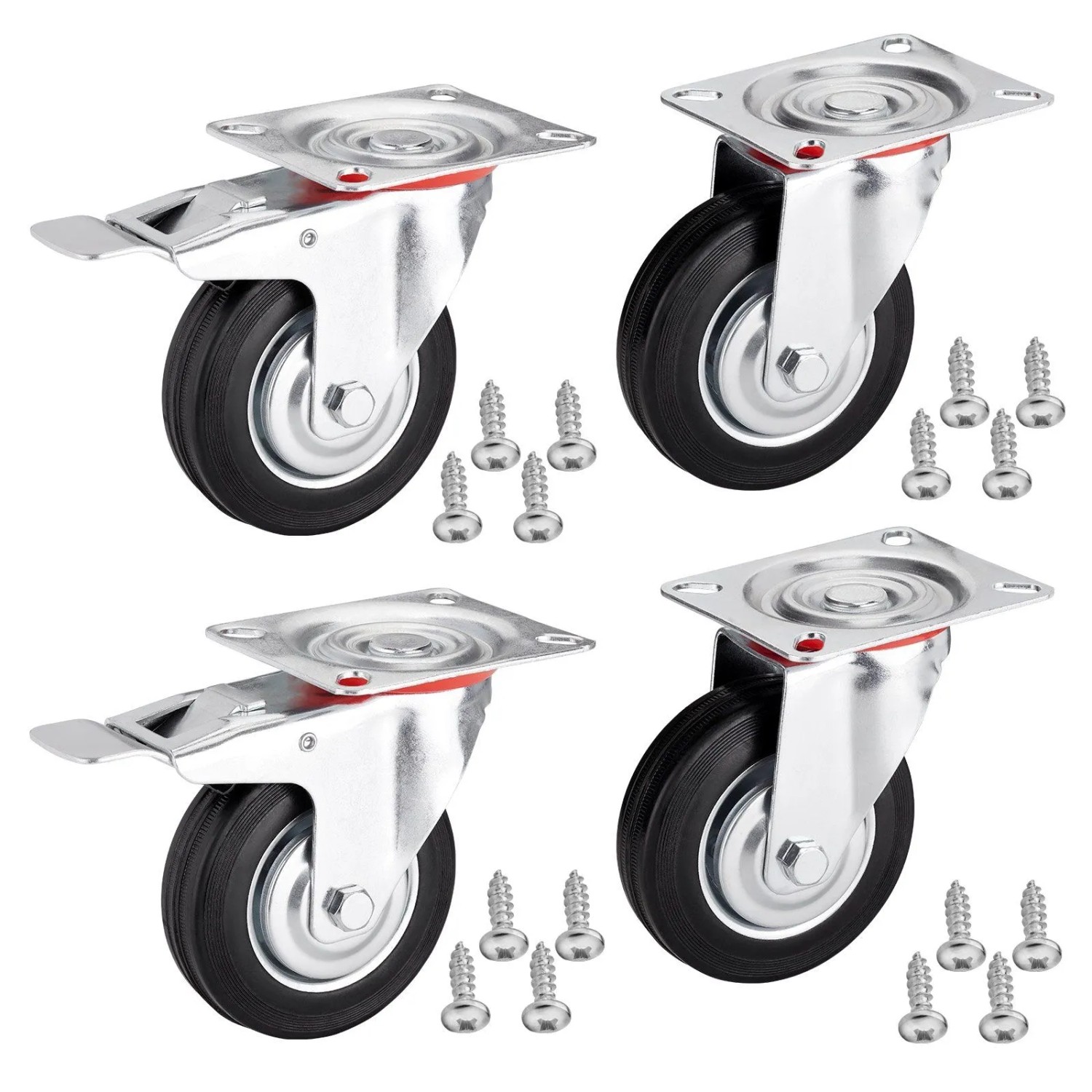 SOTECH 4er SET Transportrollen RED Ø75 mm 2x Lenkrollen und 2x Lenkrollen mit Bremse Bis 280 Kg inkl. Pan Head 5 x 17 mm Befestigungsschrauben